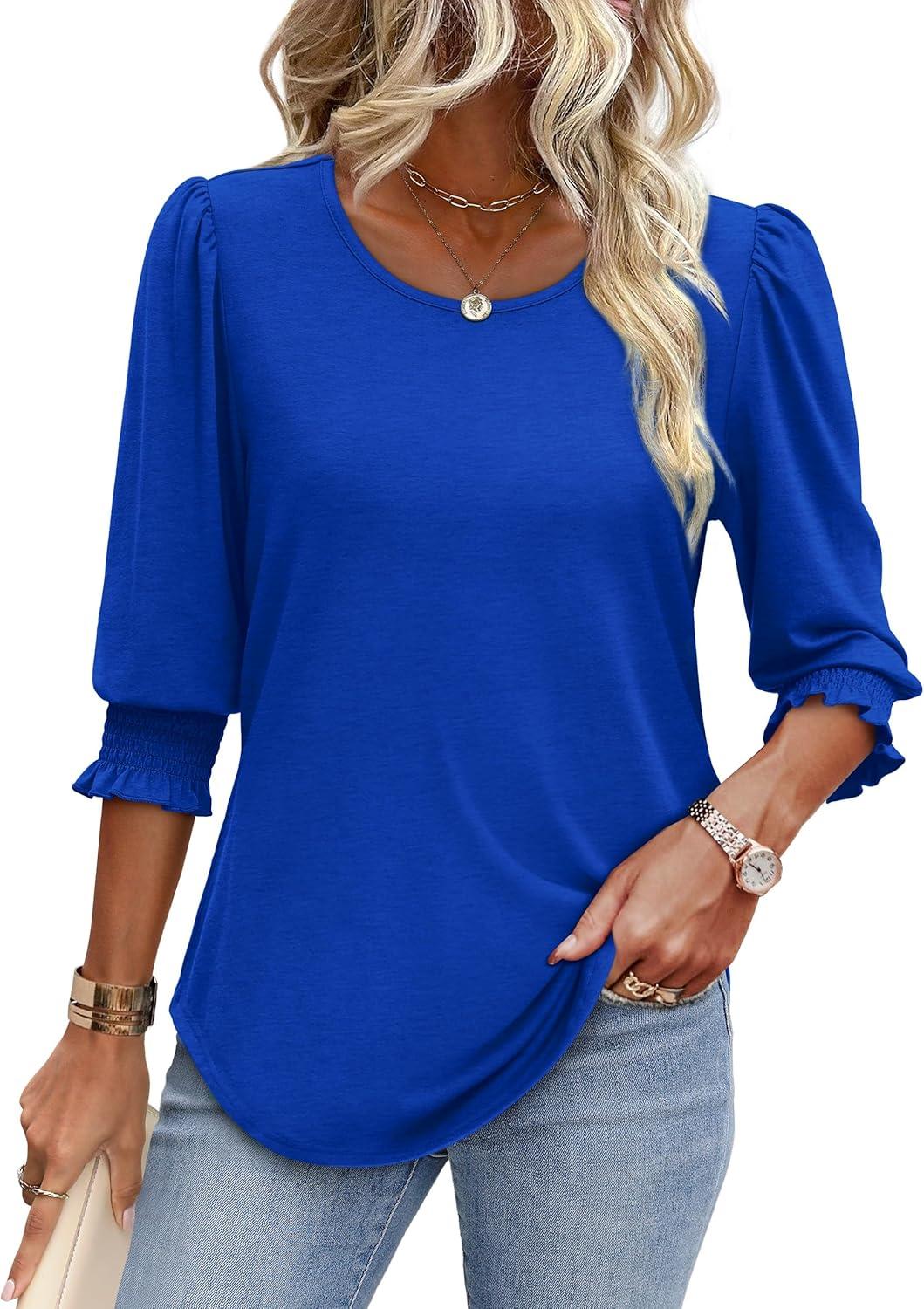 imageXIEERDUO Blouses for Women Dressy Casual 34 Length Sleeve Womens Tops with Smocked CuffsEroyal Blue