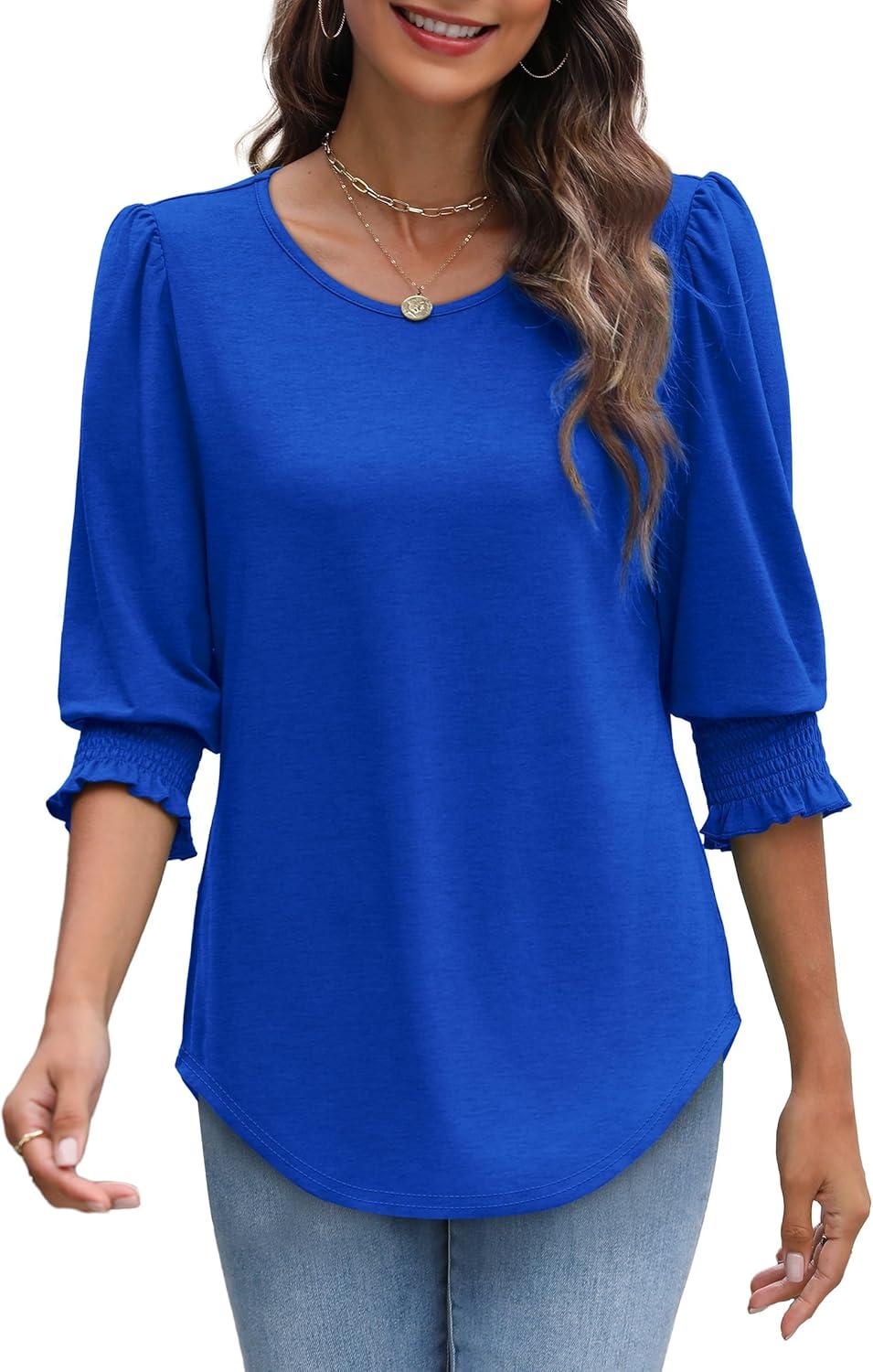 imageXIEERDUO Blouses for Women Dressy Casual 34 Length Sleeve Womens Tops with Smocked CuffsEroyal Blue