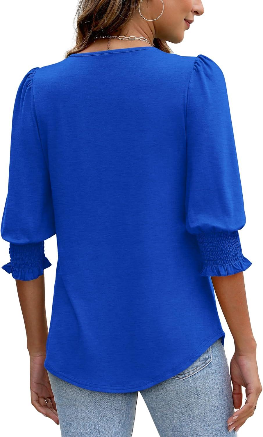 imageXIEERDUO Blouses for Women Dressy Casual 34 Length Sleeve Womens Tops with Smocked CuffsEroyal Blue
