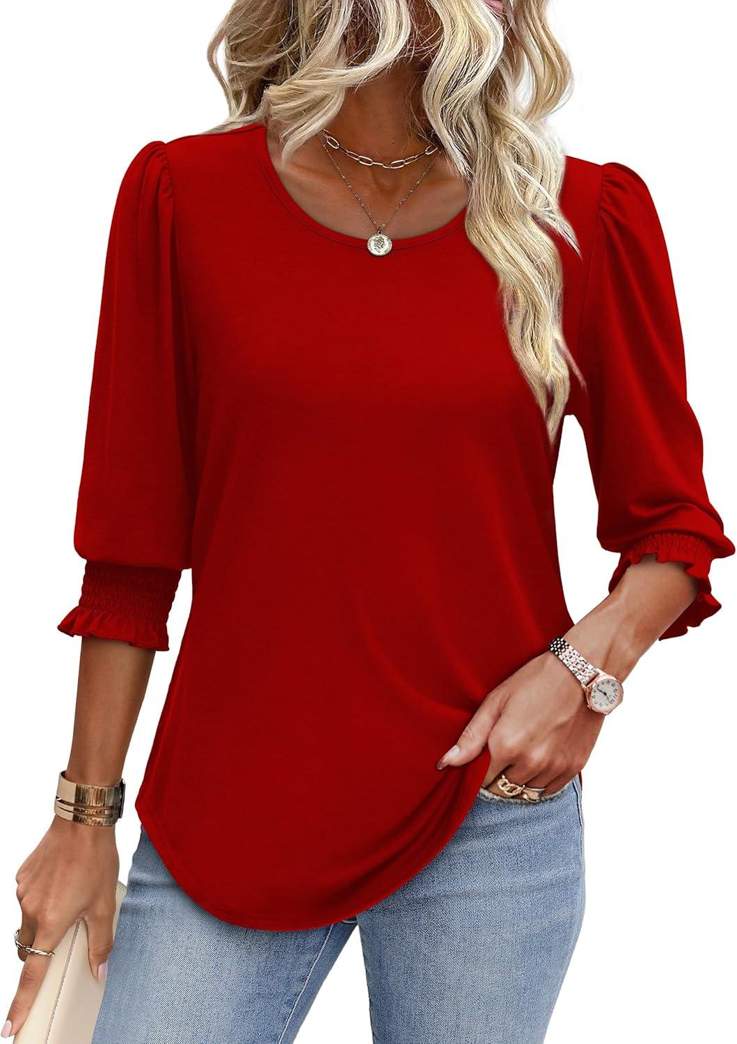 imageXIEERDUO Blouses for Women Dressy Casual 34 Length Sleeve Womens Tops with Smocked CuffsFred