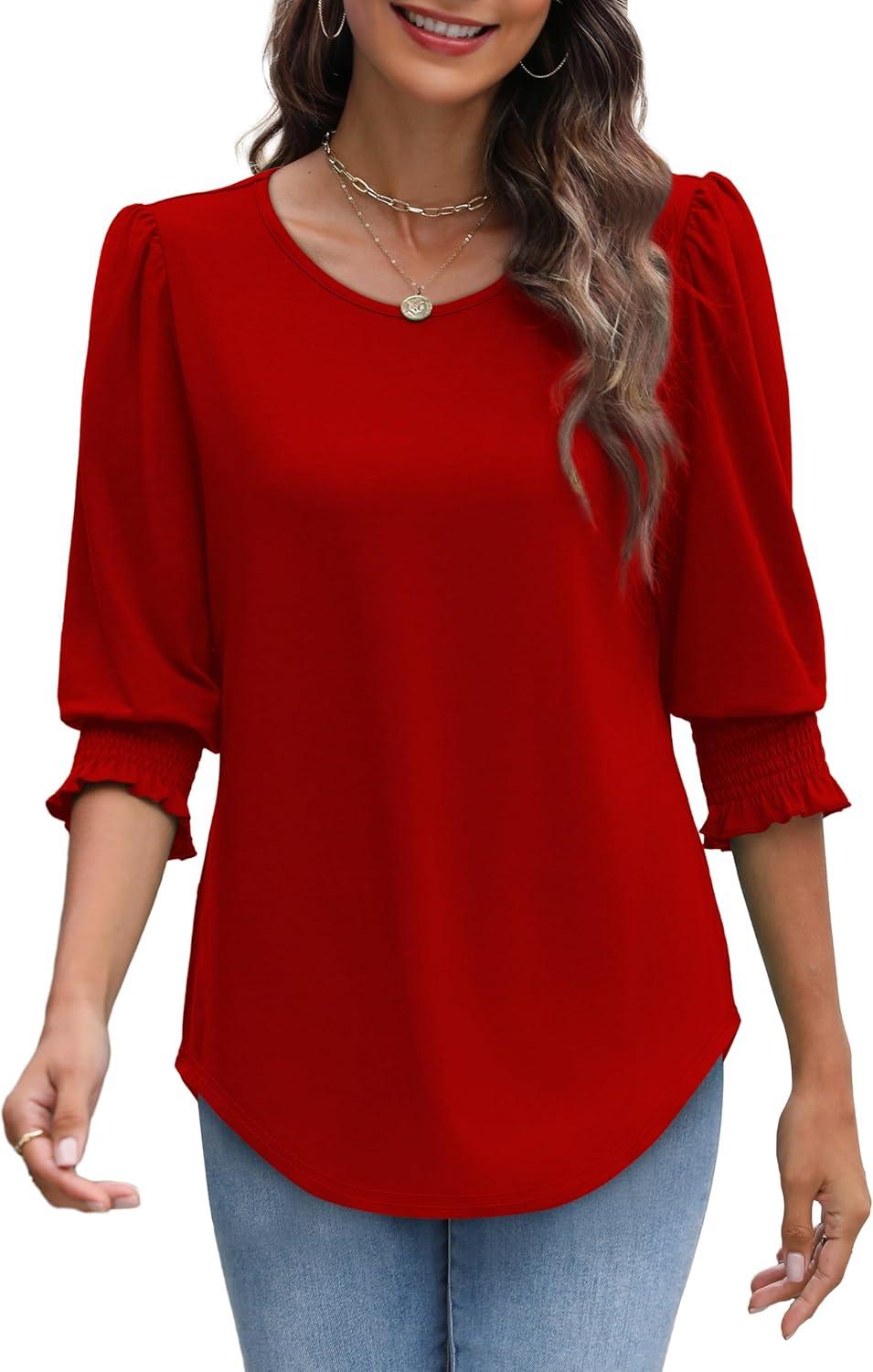 imageXIEERDUO Blouses for Women Dressy Casual 34 Length Sleeve Womens Tops with Smocked CuffsFred