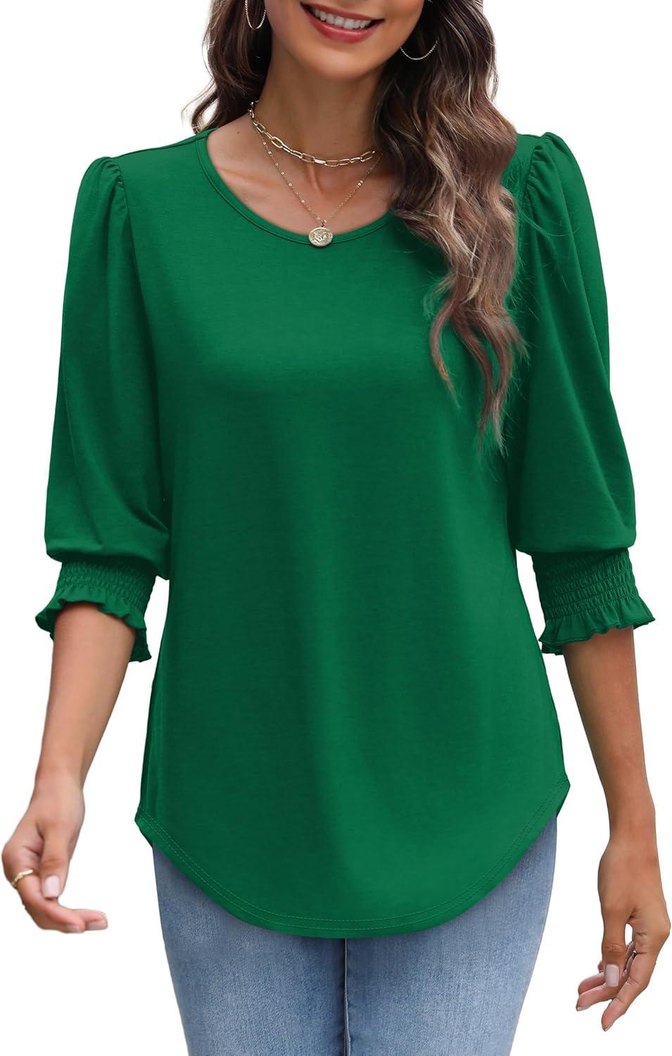 imageXIEERDUO Blouses for Women Dressy Casual 34 Length Sleeve Womens Tops with Smocked CuffsGgreen