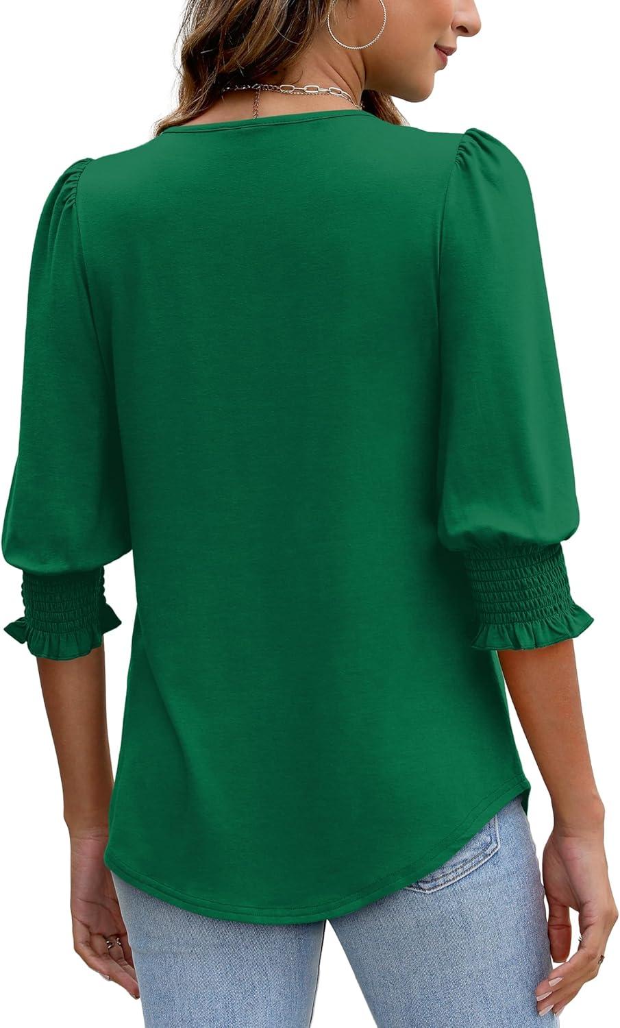 imageXIEERDUO Blouses for Women Dressy Casual 34 Length Sleeve Womens Tops with Smocked CuffsGgreen