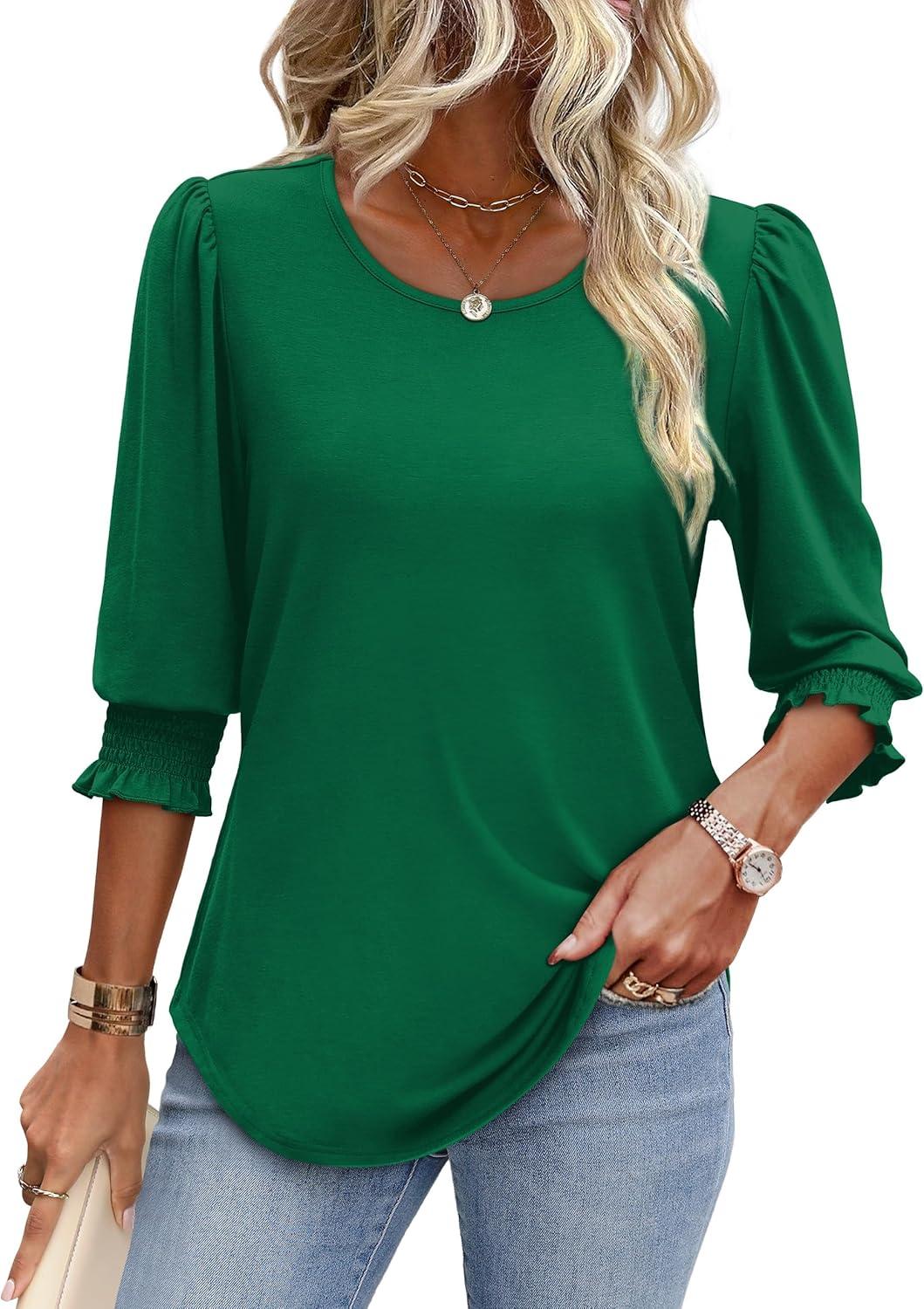 imageXIEERDUO Blouses for Women Dressy Casual 34 Length Sleeve Womens Tops with Smocked CuffsGgreen