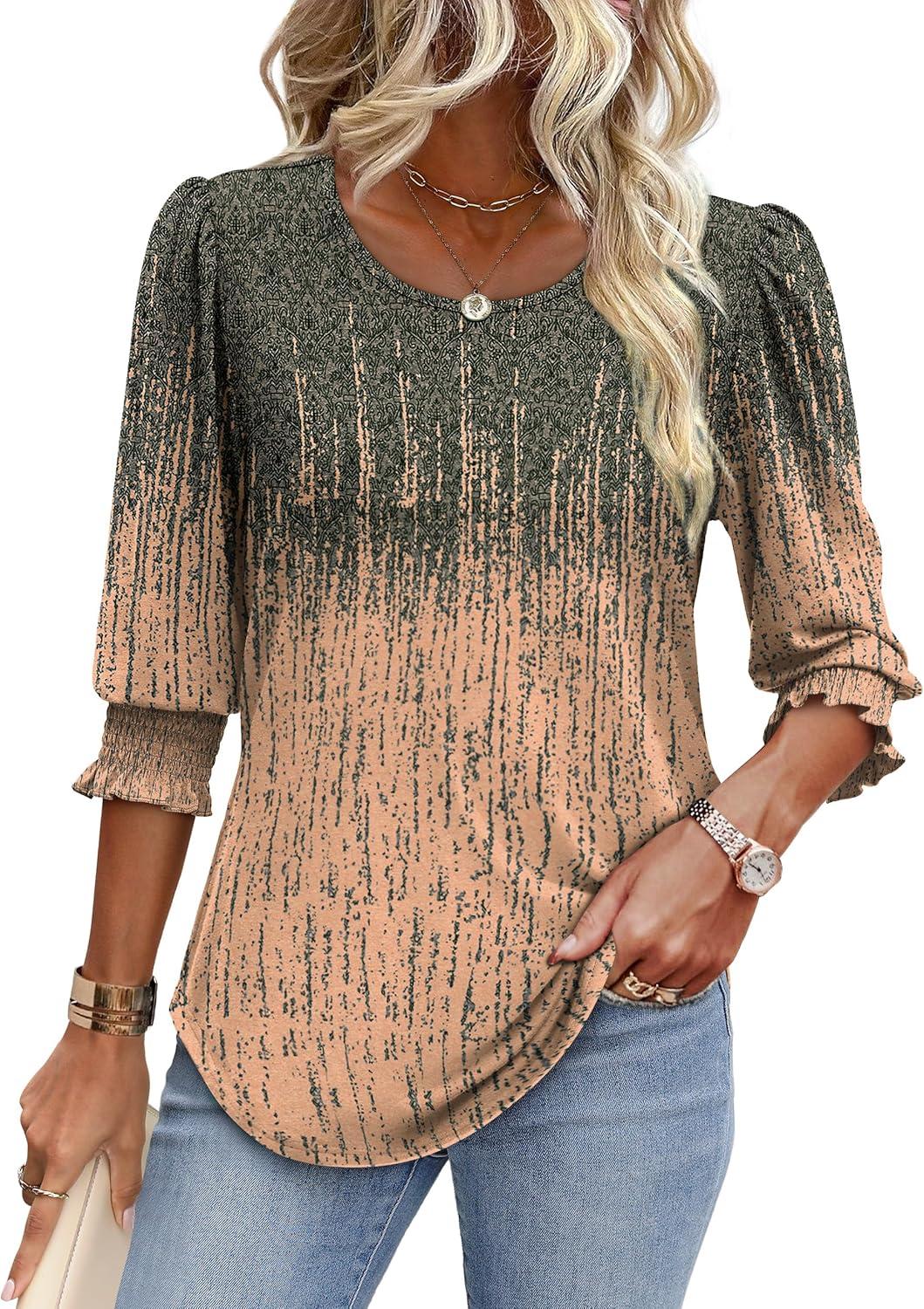 imageXIEERDUO Blouses for Women Dressy Casual 34 Length Sleeve Womens Tops with Smocked CuffsGgrey Pink