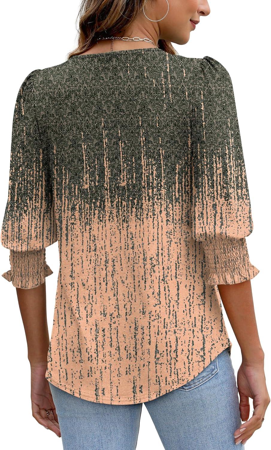 imageXIEERDUO Blouses for Women Dressy Casual 34 Length Sleeve Womens Tops with Smocked CuffsGgrey Pink