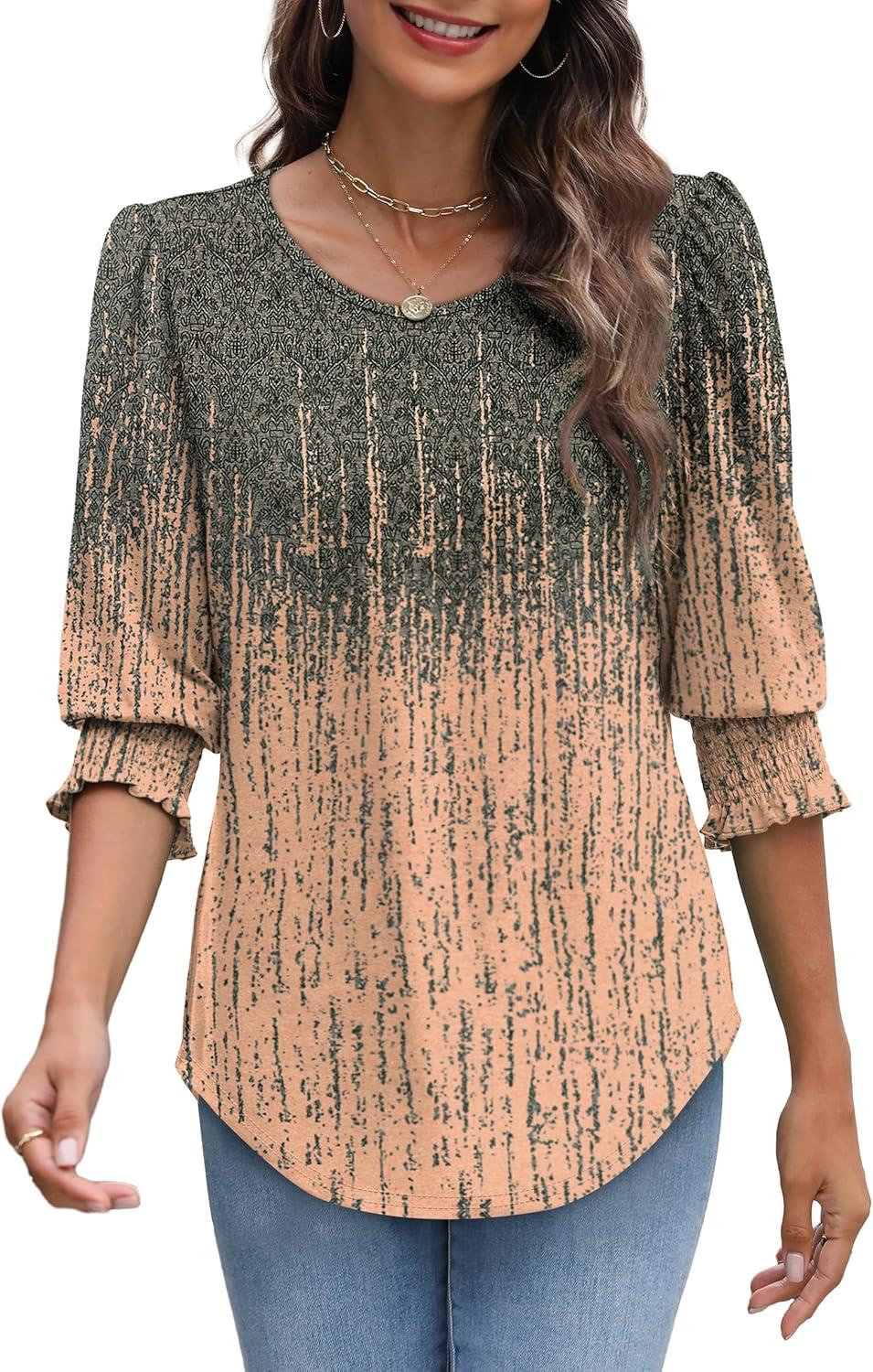 imageXIEERDUO Blouses for Women Dressy Casual 34 Length Sleeve Womens Tops with Smocked CuffsGgrey Pink