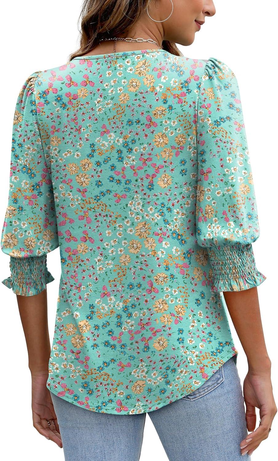 imageXIEERDUO Blouses for Women Dressy Casual 34 Length Sleeve Womens Tops with Smocked CuffsHgreen Floral