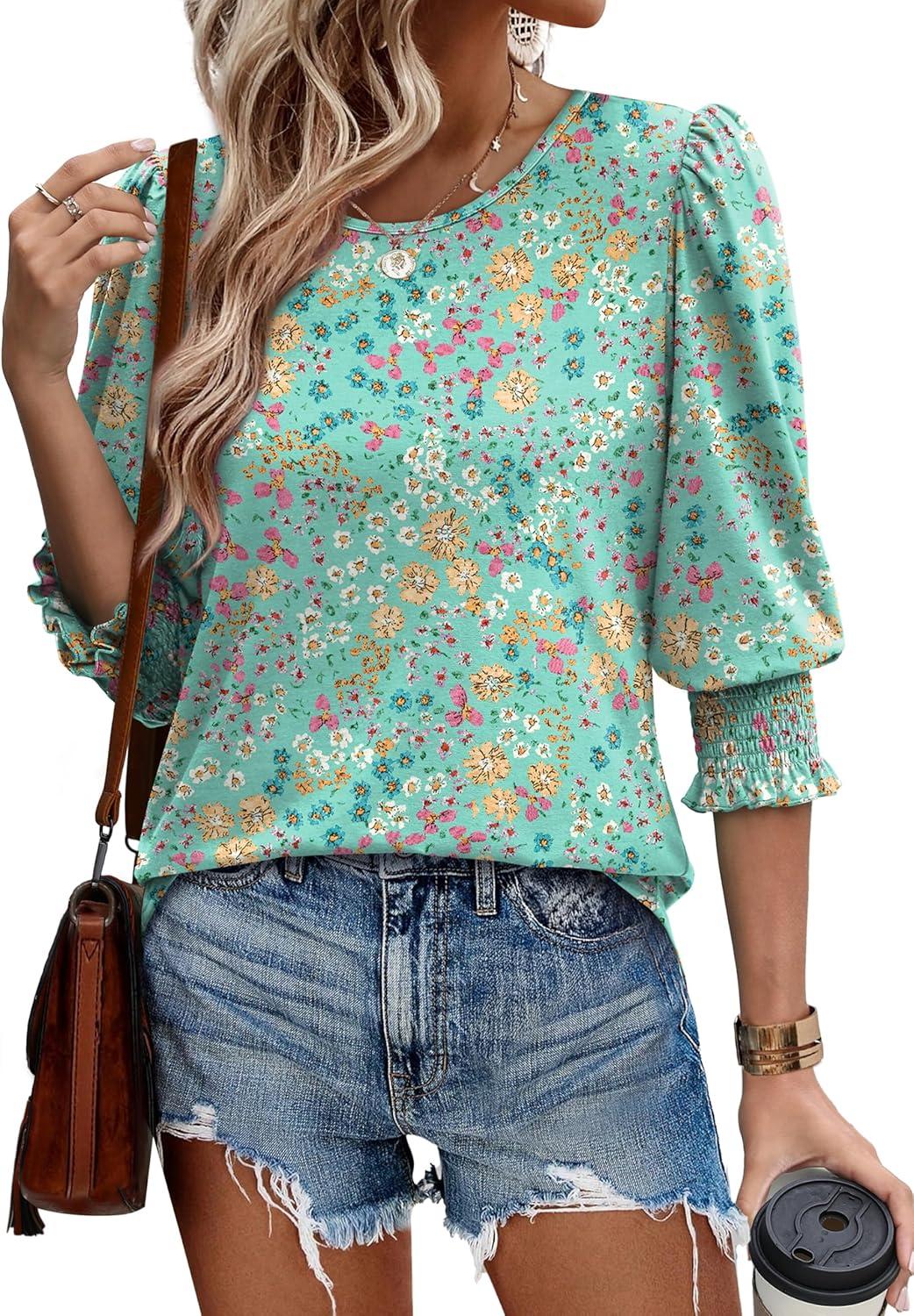 imageXIEERDUO Blouses for Women Dressy Casual 34 Length Sleeve Womens Tops with Smocked CuffsHgreen Floral