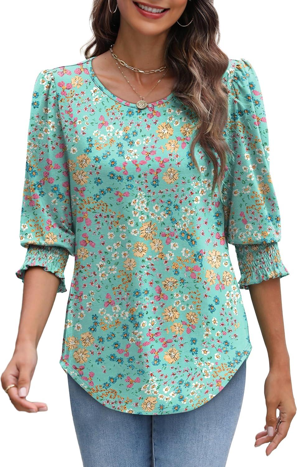 imageXIEERDUO Blouses for Women Dressy Casual 34 Length Sleeve Womens Tops with Smocked CuffsHgreen Floral