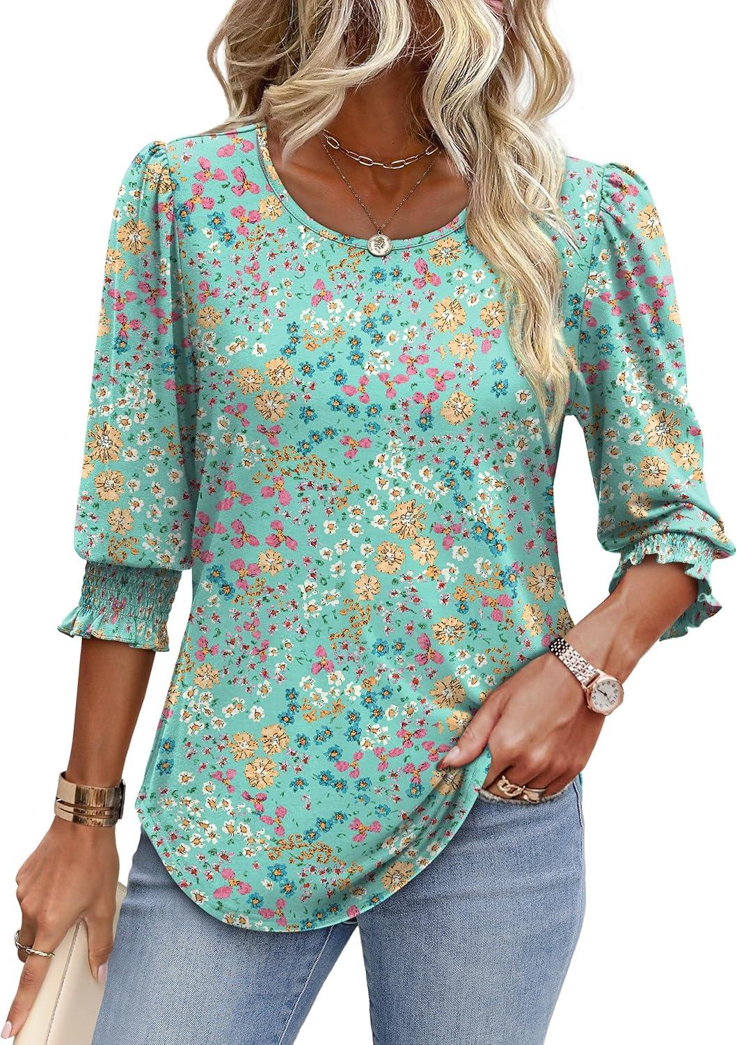 imageXIEERDUO Blouses for Women Dressy Casual 34 Length Sleeve Womens Tops with Smocked CuffsHgreen Floral