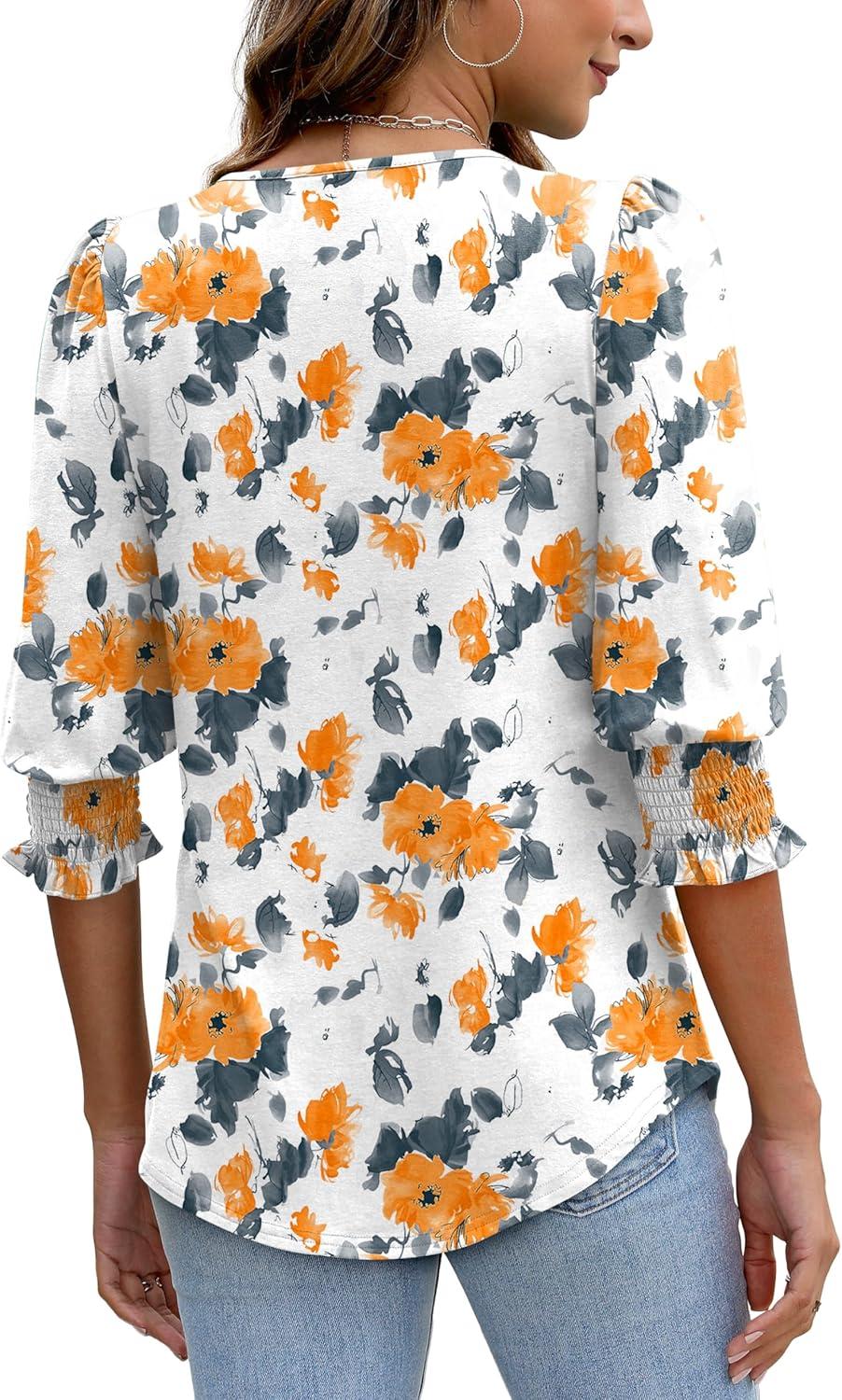 imageXIEERDUO Blouses for Women Dressy Casual 34 Length Sleeve Womens Tops with Smocked CuffsIyellow Floral