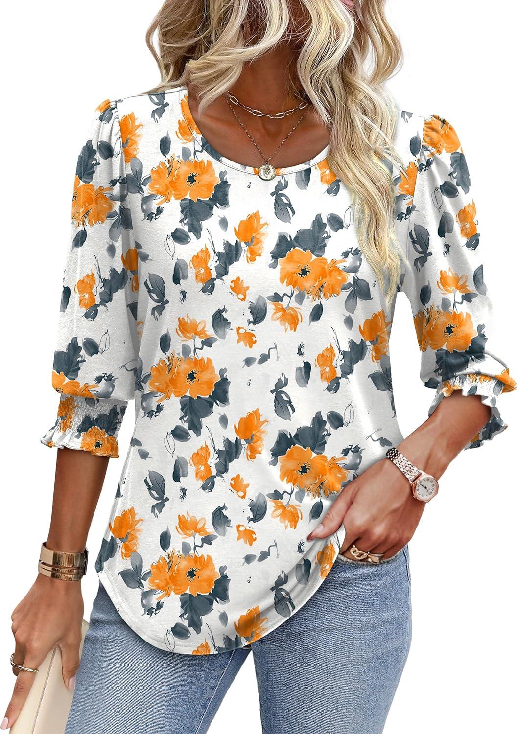imageXIEERDUO Blouses for Women Dressy Casual 34 Length Sleeve Womens Tops with Smocked CuffsIyellow Floral