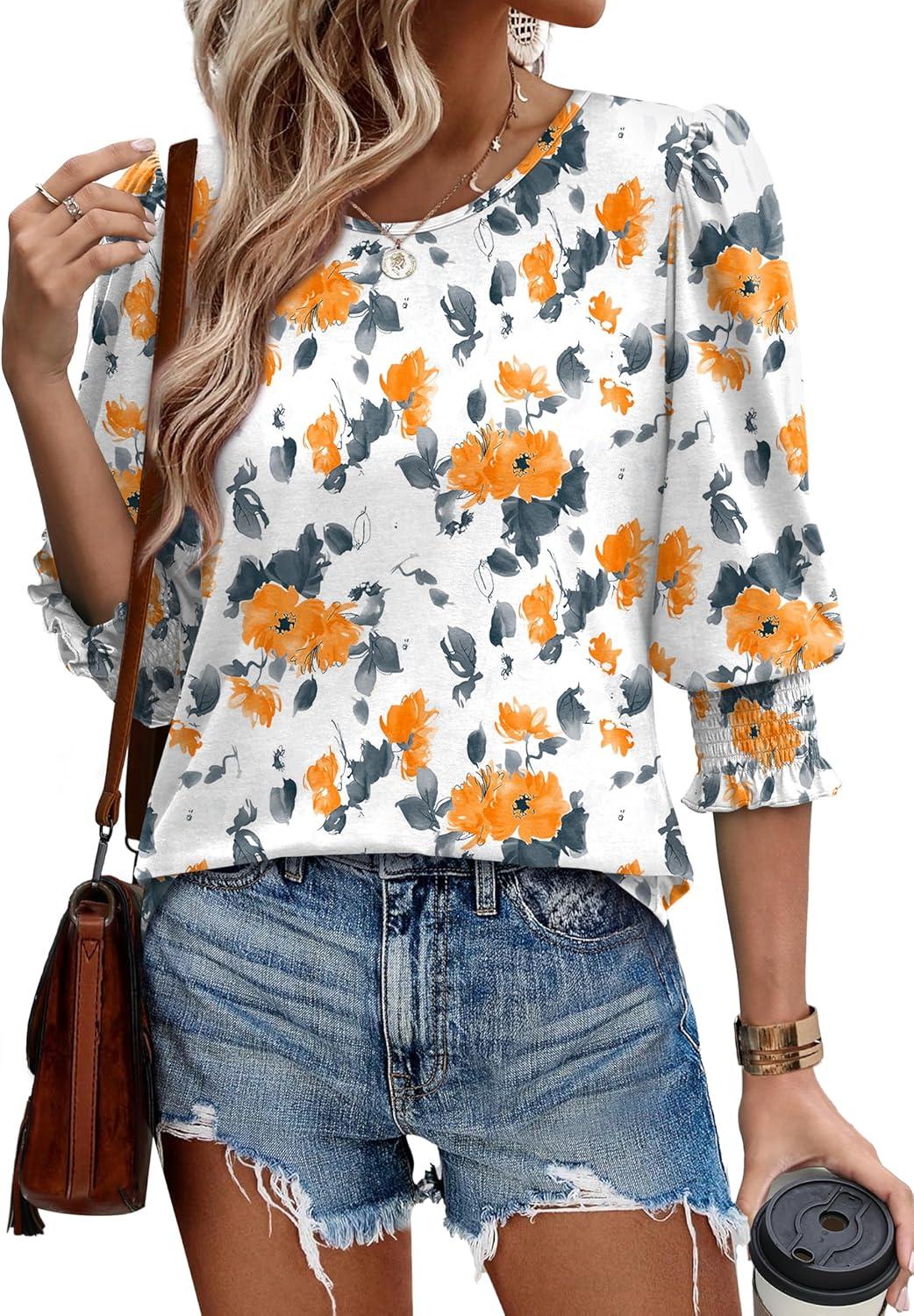 imageXIEERDUO Blouses for Women Dressy Casual 34 Length Sleeve Womens Tops with Smocked CuffsIyellow Floral
