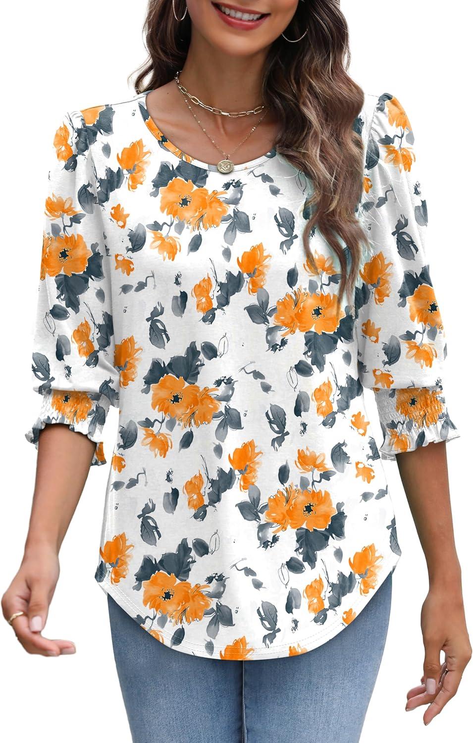 imageXIEERDUO Blouses for Women Dressy Casual 34 Length Sleeve Womens Tops with Smocked CuffsIyellow Floral