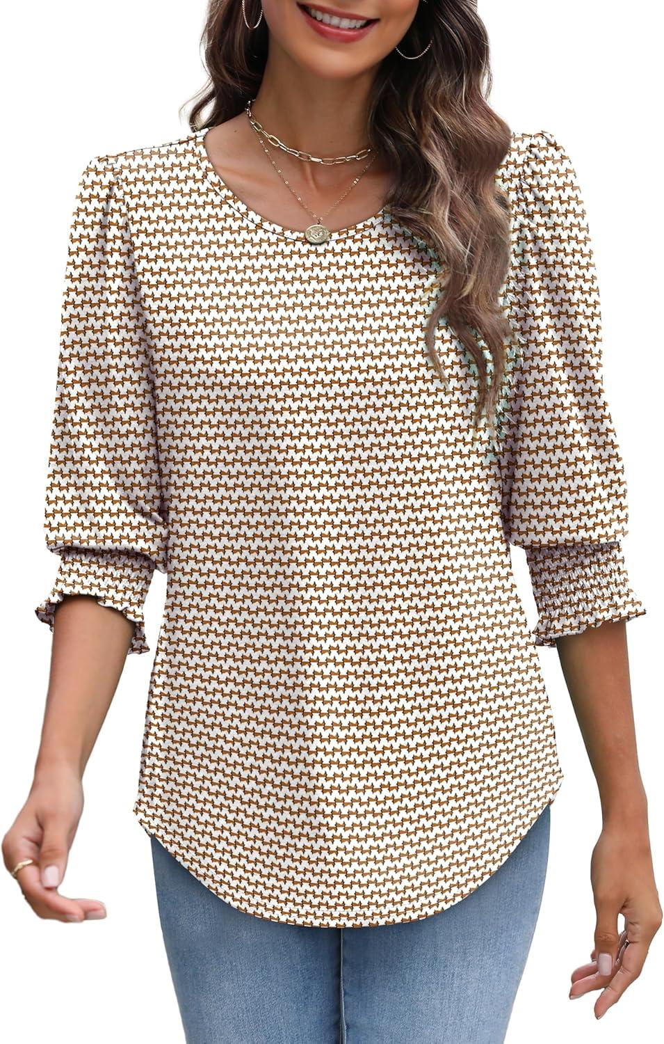 imageXIEERDUO Blouses for Women Dressy Casual 34 Length Sleeve Womens Tops with Smocked CuffsJstripe