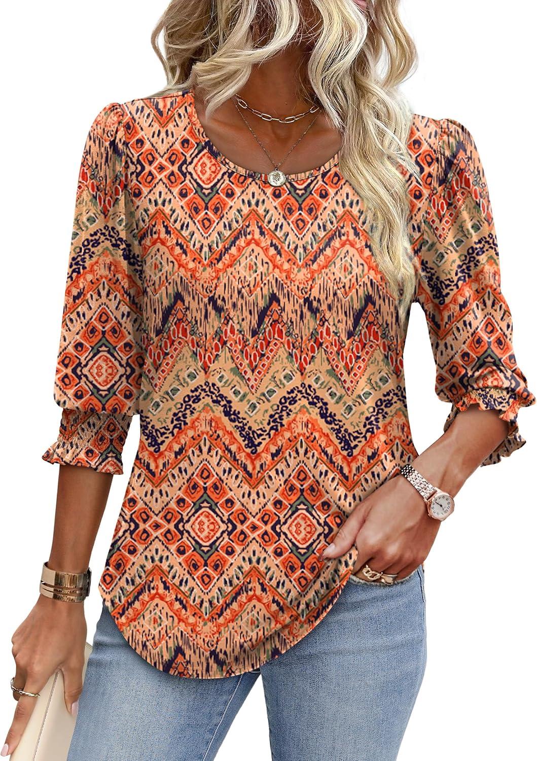 imageXIEERDUO Blouses for Women Dressy Casual 34 Length Sleeve Womens Tops with Smocked CuffsKboho