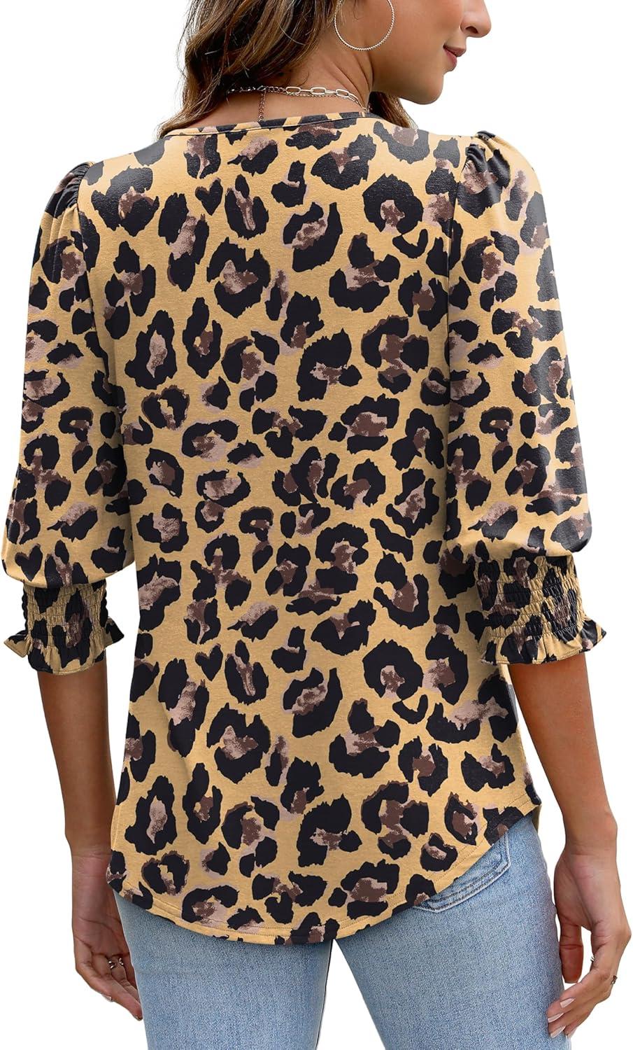 imageXIEERDUO Blouses for Women Dressy Casual 34 Length Sleeve Womens Tops with Smocked CuffsLleopard