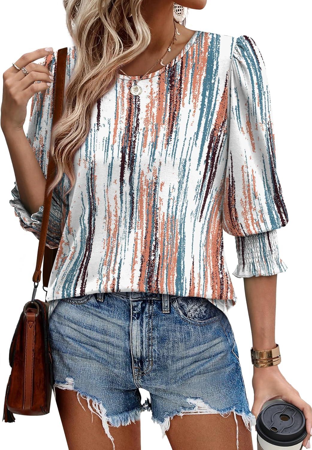 imageXIEERDUO Blouses for Women Dressy Casual 34 Length Sleeve Womens Tops with Smocked CuffsMtiedye