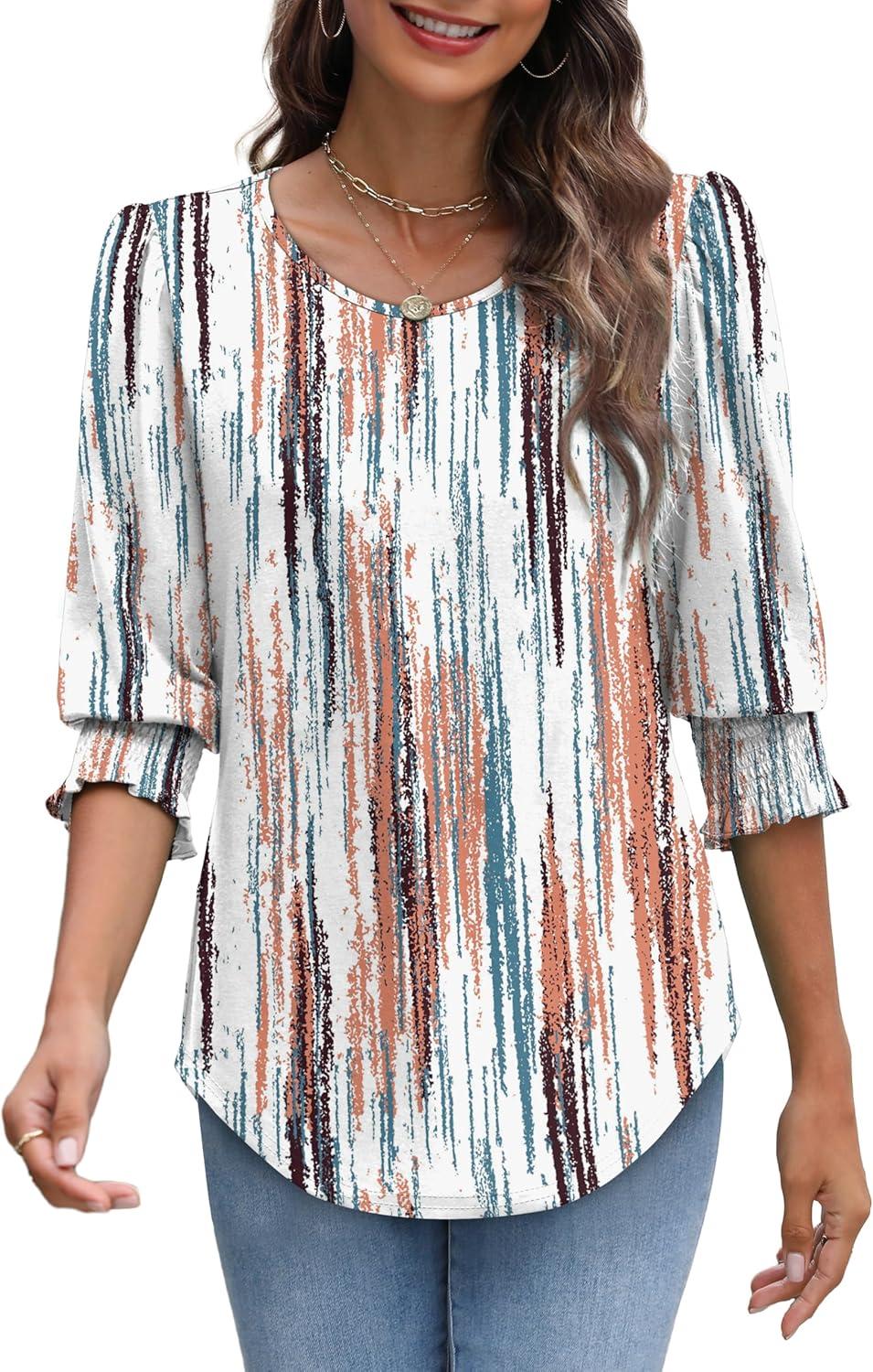 imageXIEERDUO Blouses for Women Dressy Casual 34 Length Sleeve Womens Tops with Smocked CuffsMtiedye