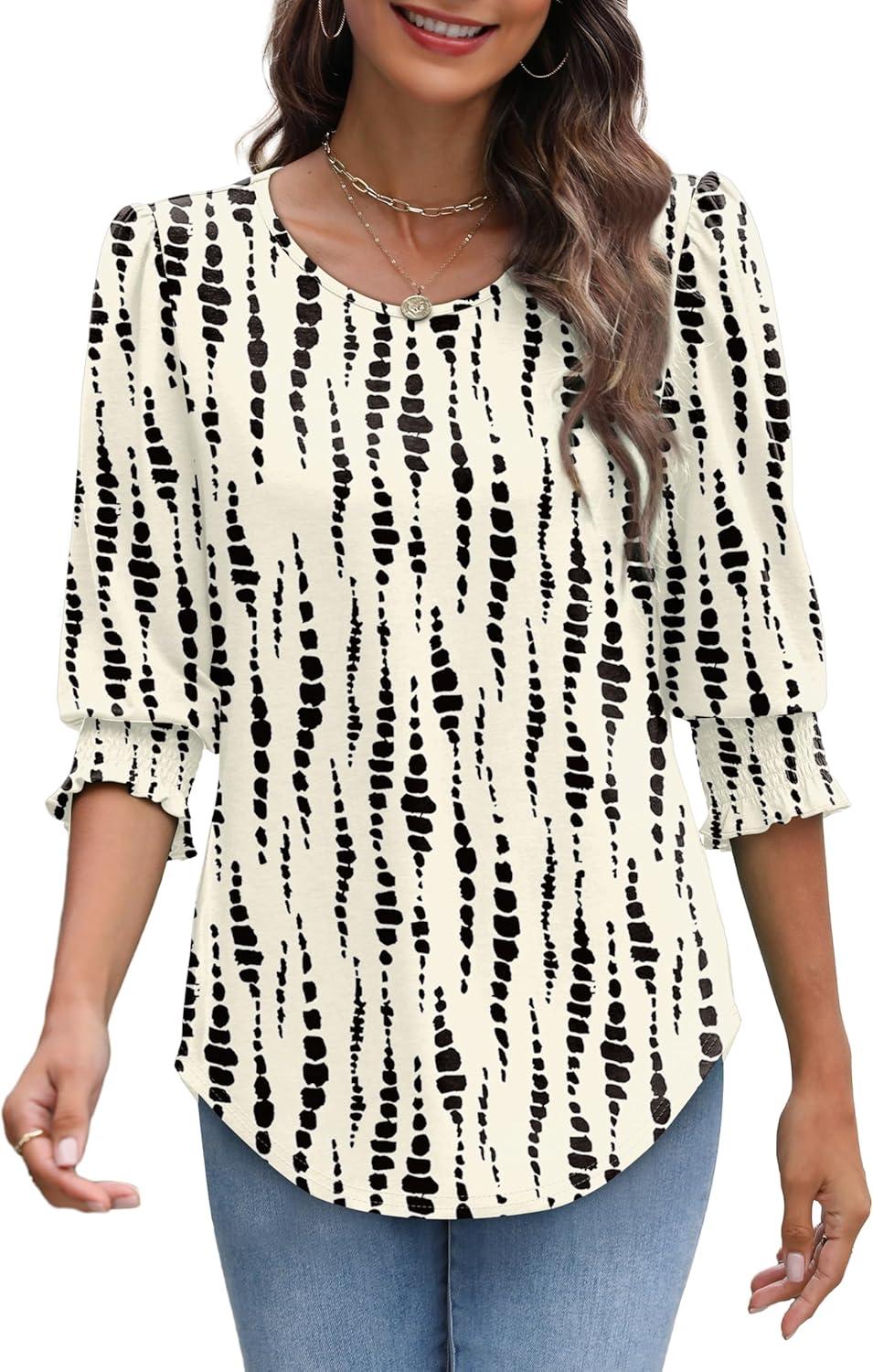 imageXIEERDUO Blouses for Women Dressy Casual 34 Length Sleeve Womens Tops with Smocked CuffsNspot Print