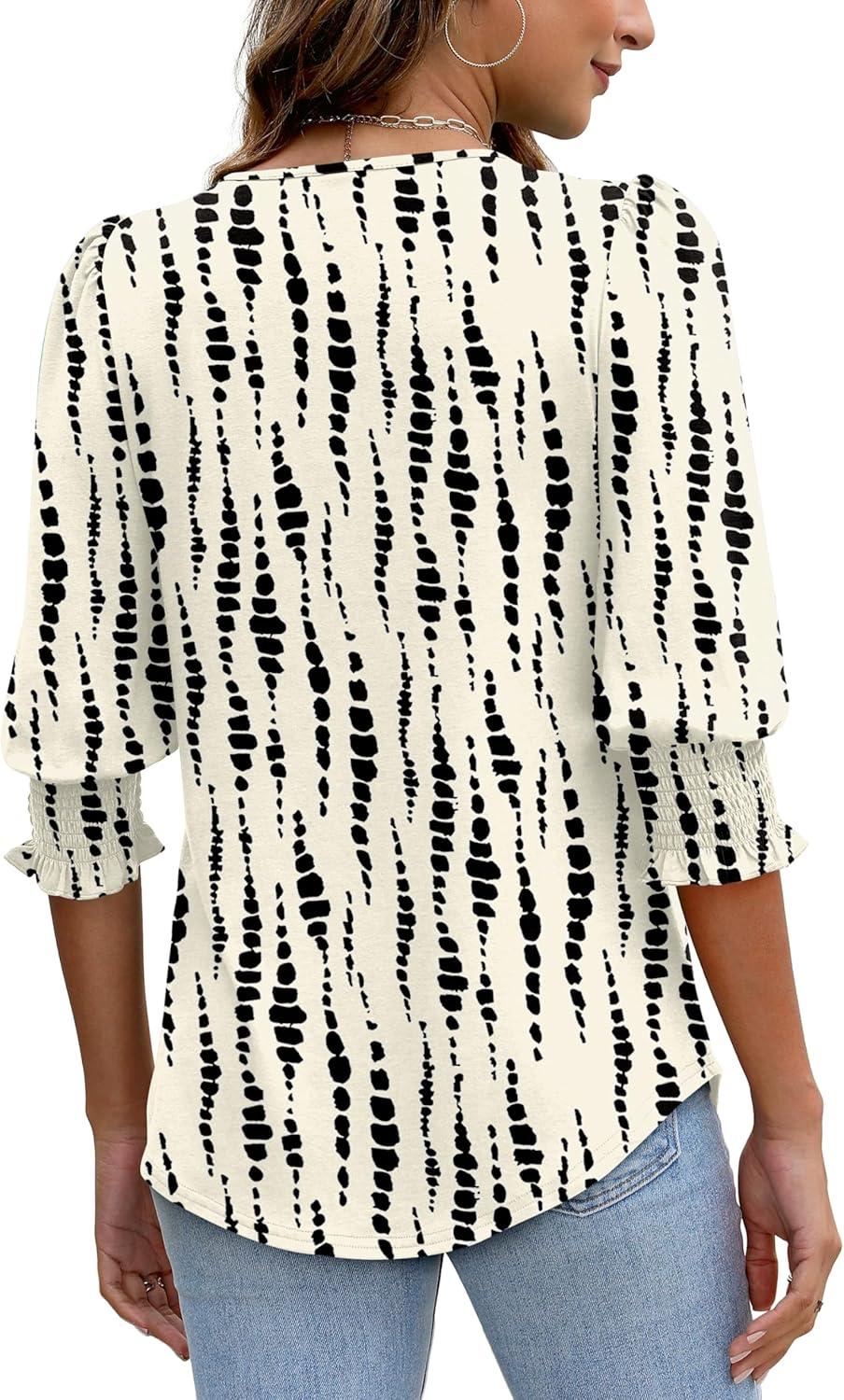 imageXIEERDUO Blouses for Women Dressy Casual 34 Length Sleeve Womens Tops with Smocked CuffsNspot Print