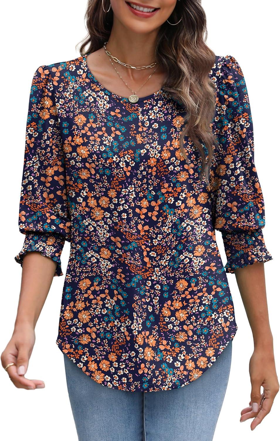 imageXIEERDUO Blouses for Women Dressy Casual 34 Length Sleeve Womens Tops with Smocked CuffsOpurple Orange Flower