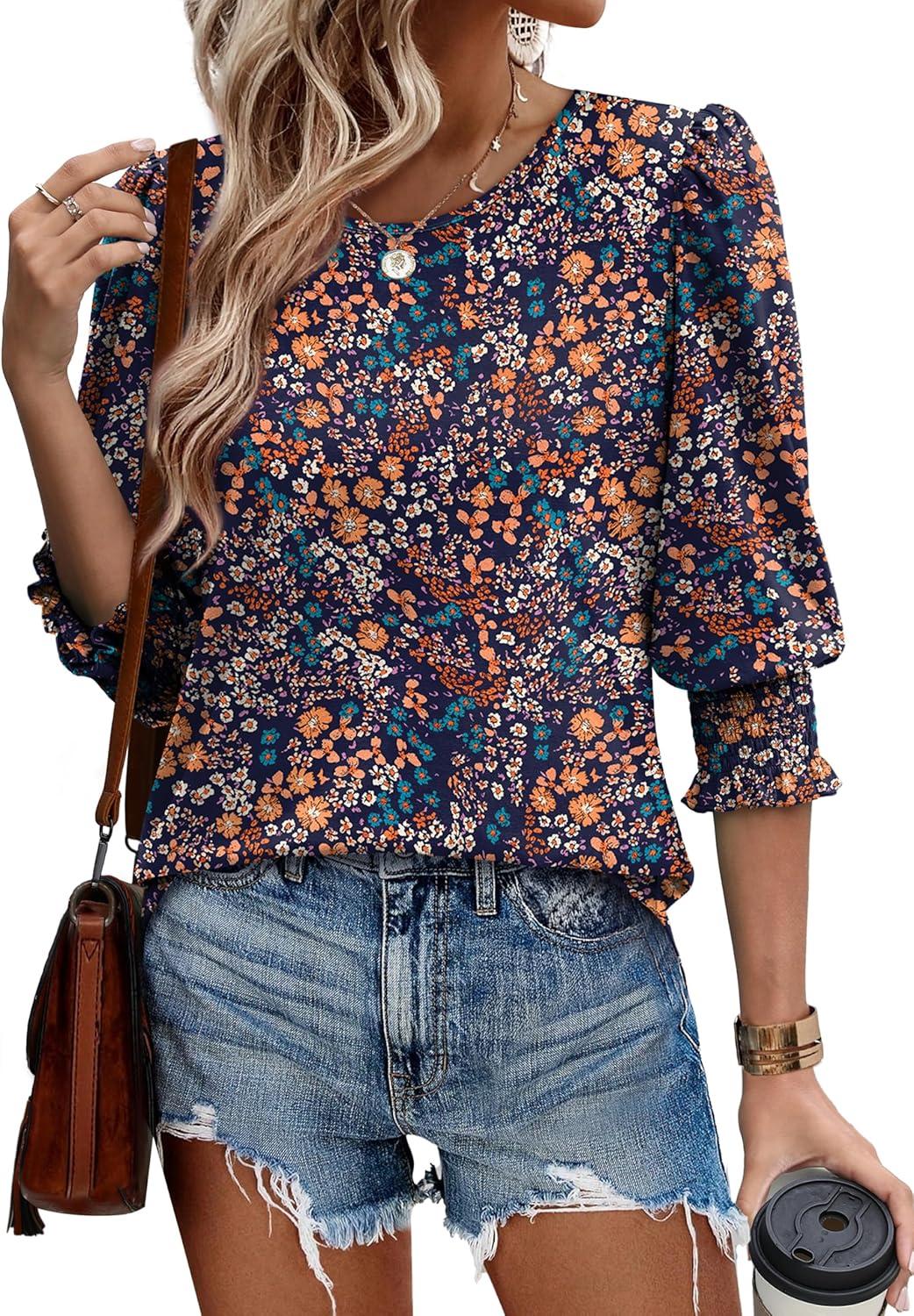 imageXIEERDUO Blouses for Women Dressy Casual 34 Length Sleeve Womens Tops with Smocked CuffsOpurple Orange Flower