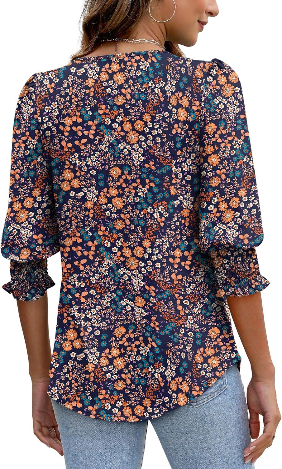 imageXIEERDUO Blouses for Women Dressy Casual 34 Length Sleeve Womens Tops with Smocked CuffsOpurple Orange Flower