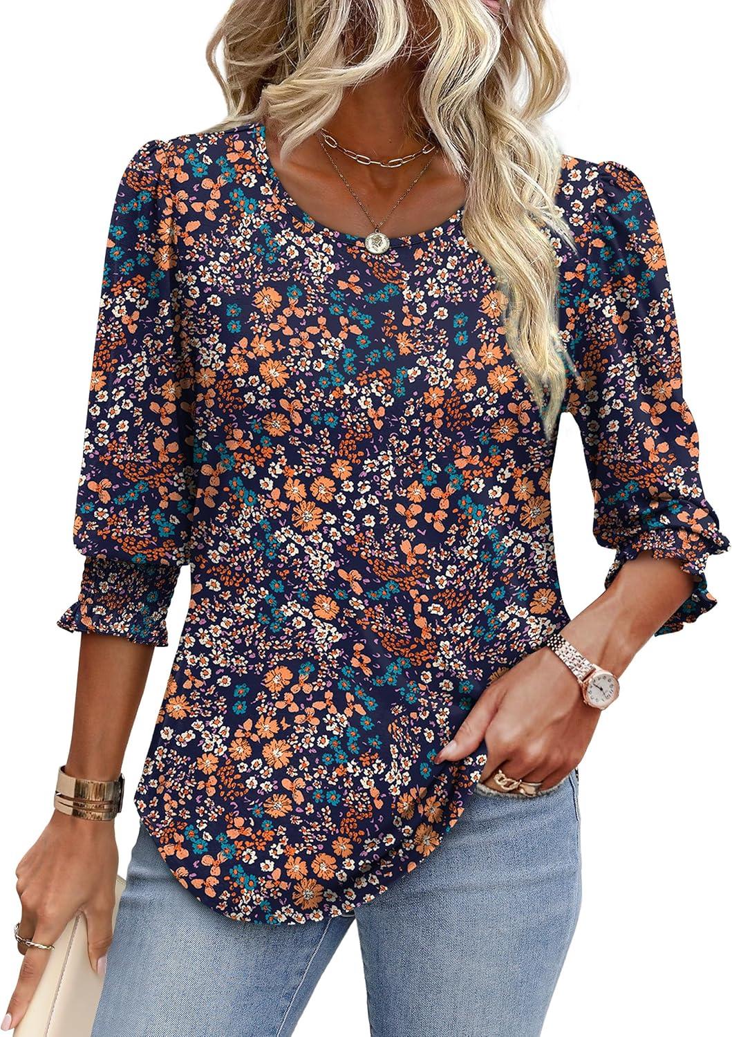 imageXIEERDUO Blouses for Women Dressy Casual 34 Length Sleeve Womens Tops with Smocked CuffsOpurple Orange Flower