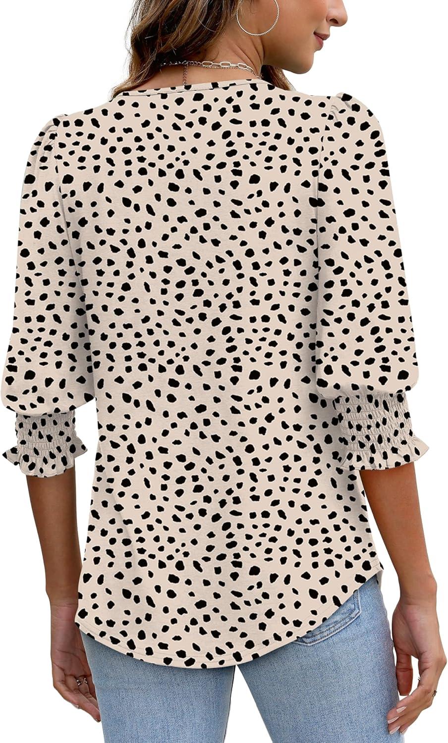 imageXIEERDUO Blouses for Women Dressy Casual 34 Length Sleeve Womens Tops with Smocked CuffsPapricot Dot