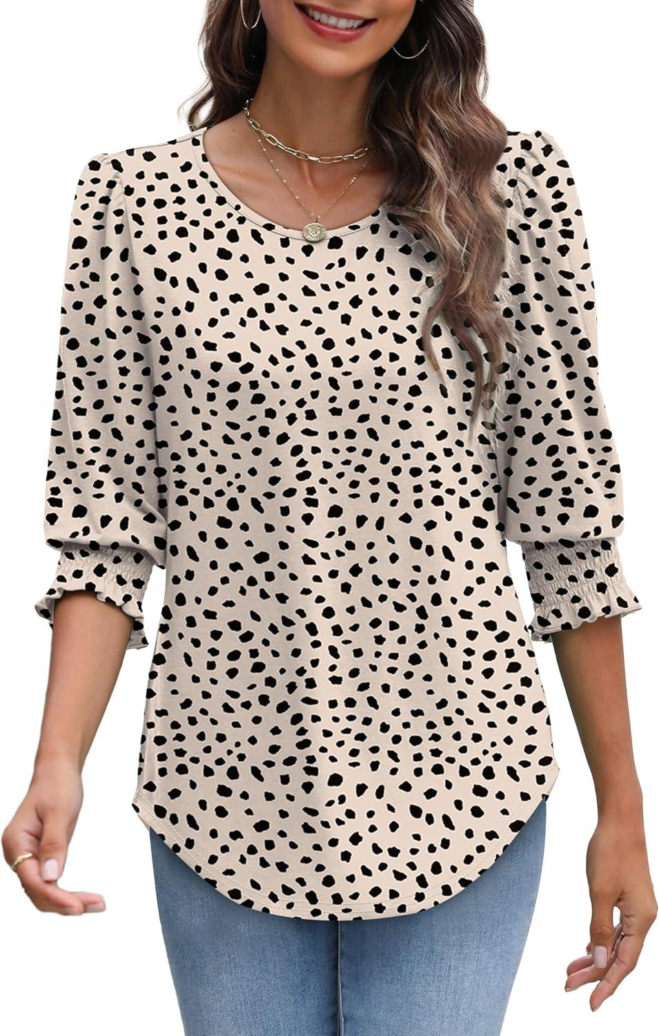 imageXIEERDUO Blouses for Women Dressy Casual 34 Length Sleeve Womens Tops with Smocked CuffsPapricot Dot