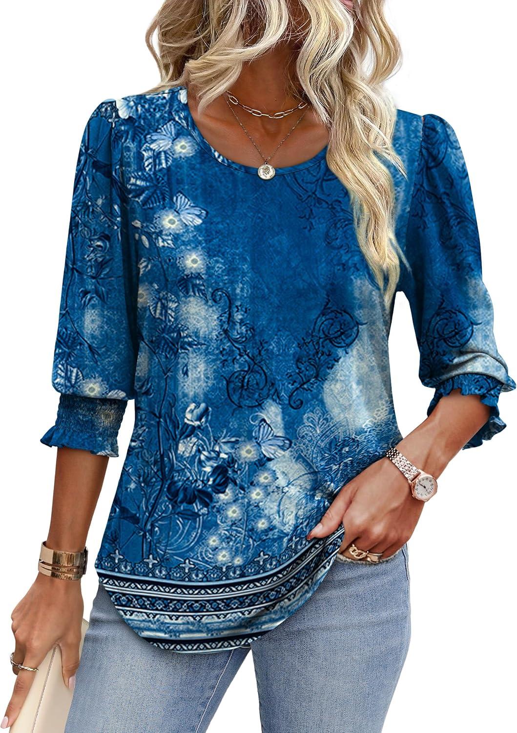 imageXIEERDUO Blouses for Women Dressy Casual 34 Length Sleeve Womens Tops with Smocked CuffsRnavy Print