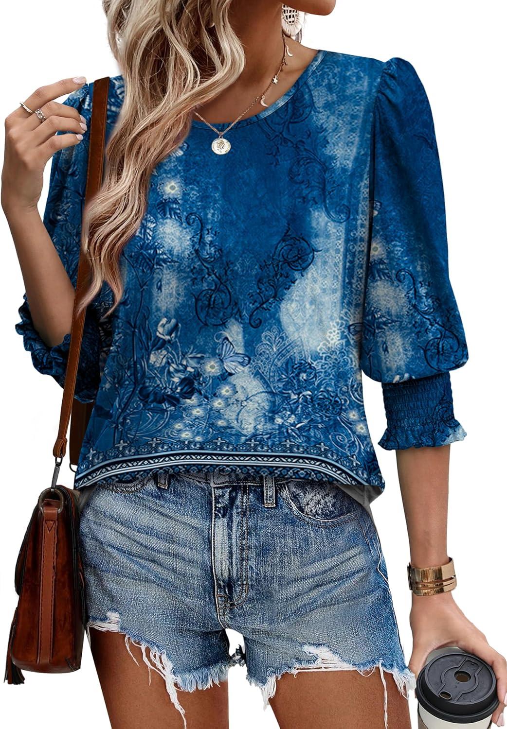 imageXIEERDUO Blouses for Women Dressy Casual 34 Length Sleeve Womens Tops with Smocked CuffsRnavy Print