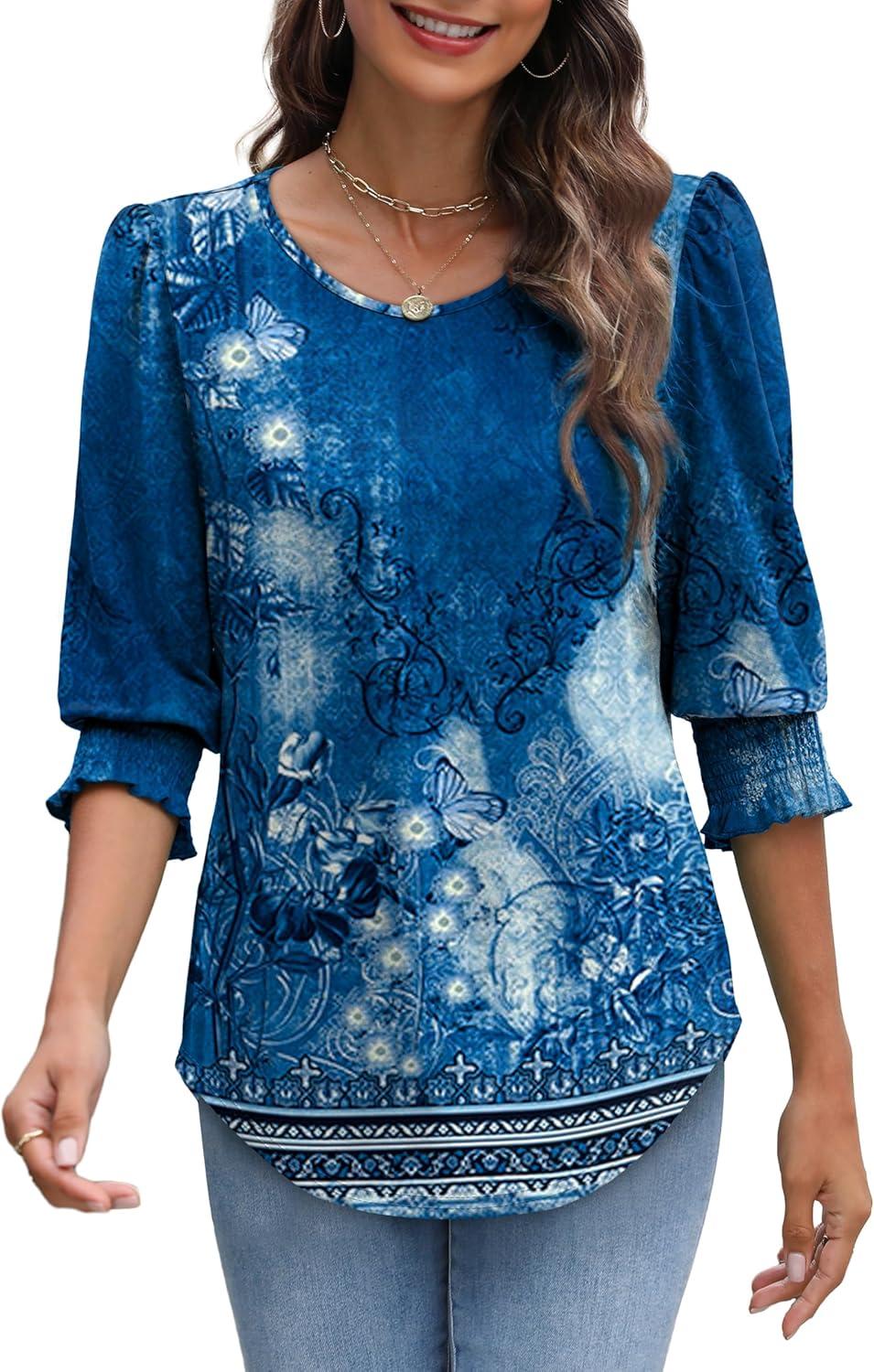 imageXIEERDUO Blouses for Women Dressy Casual 34 Length Sleeve Womens Tops with Smocked CuffsRnavy Print