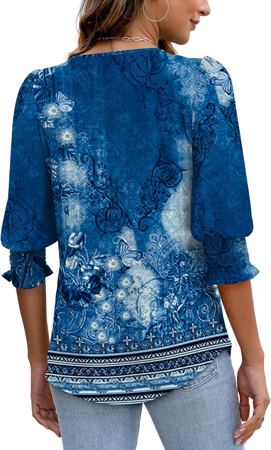 imageXIEERDUO Blouses for Women Dressy Casual 34 Length Sleeve Womens Tops with Smocked CuffsRnavy Print