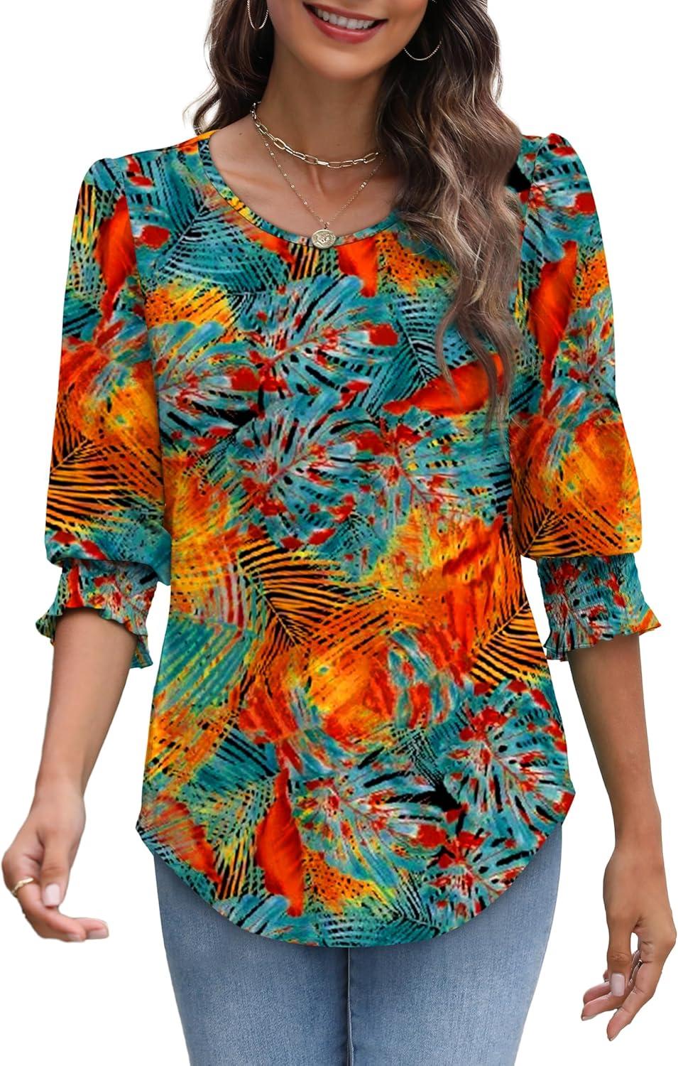 imageXIEERDUO Blouses for Women Dressy Casual 34 Length Sleeve Womens Tops with Smocked CuffsStropical Leaves
