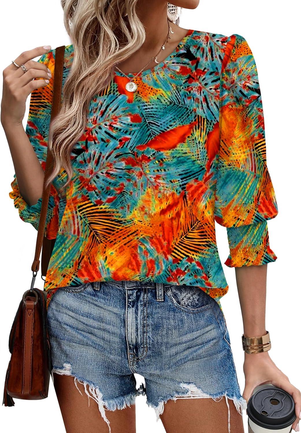 imageXIEERDUO Blouses for Women Dressy Casual 34 Length Sleeve Womens Tops with Smocked CuffsStropical Leaves