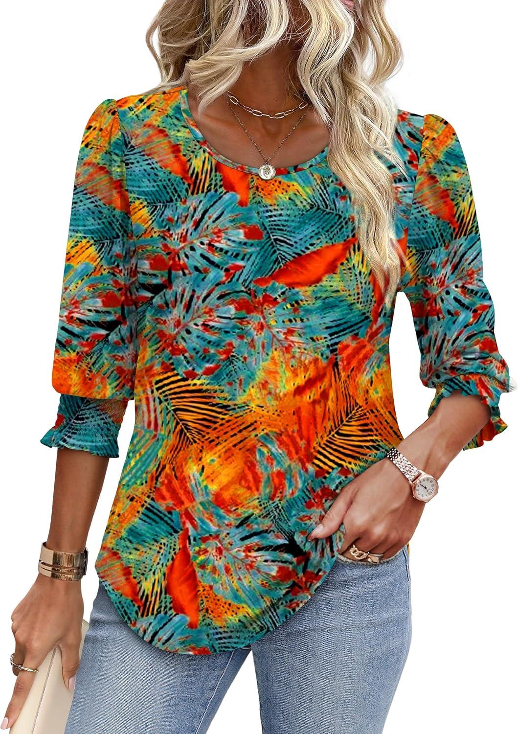 imageXIEERDUO Blouses for Women Dressy Casual 34 Length Sleeve Womens Tops with Smocked CuffsStropical Leaves