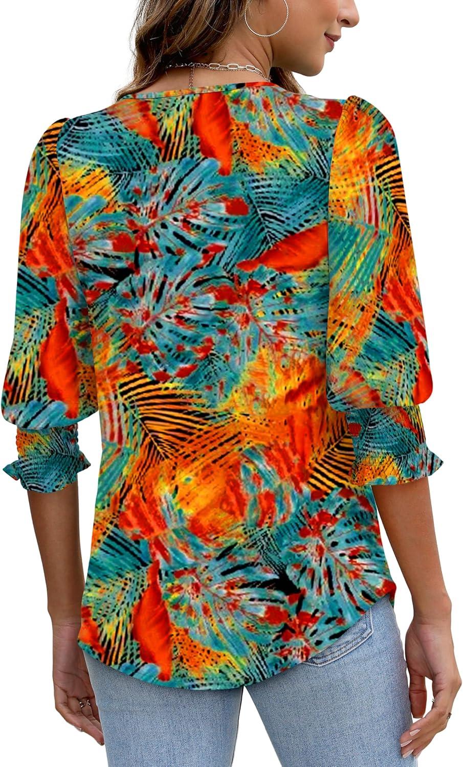 imageXIEERDUO Blouses for Women Dressy Casual 34 Length Sleeve Womens Tops with Smocked CuffsStropical Leaves