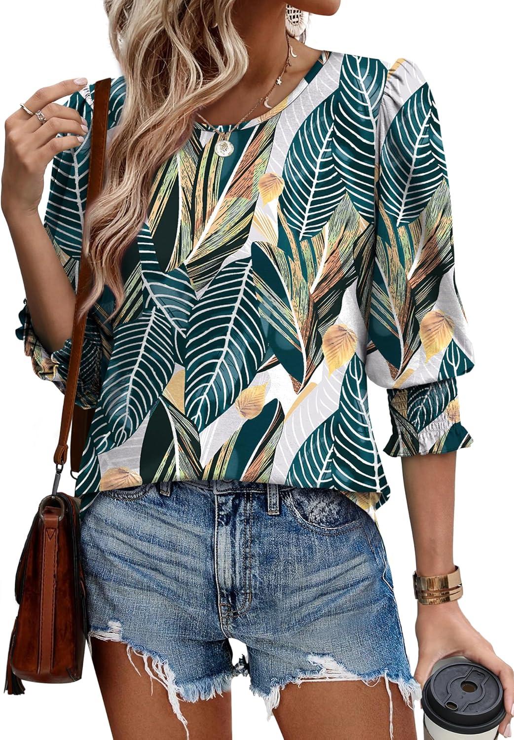 imageXIEERDUO Blouses for Women Dressy Casual 34 Length Sleeve Womens Tops with Smocked CuffsTpalm Leaves