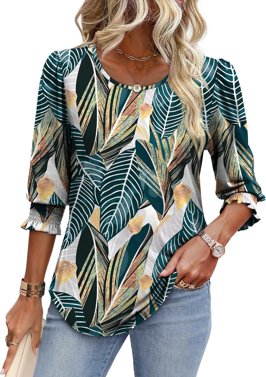 imageXIEERDUO Blouses for Women Dressy Casual 34 Length Sleeve Womens Tops with Smocked CuffsTpalm Leaves