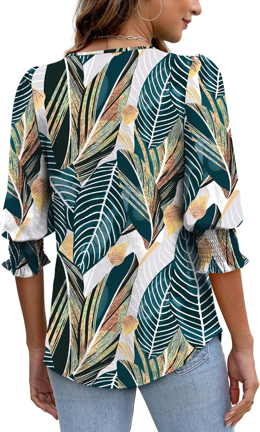 imageXIEERDUO Blouses for Women Dressy Casual 34 Length Sleeve Womens Tops with Smocked CuffsTpalm Leaves