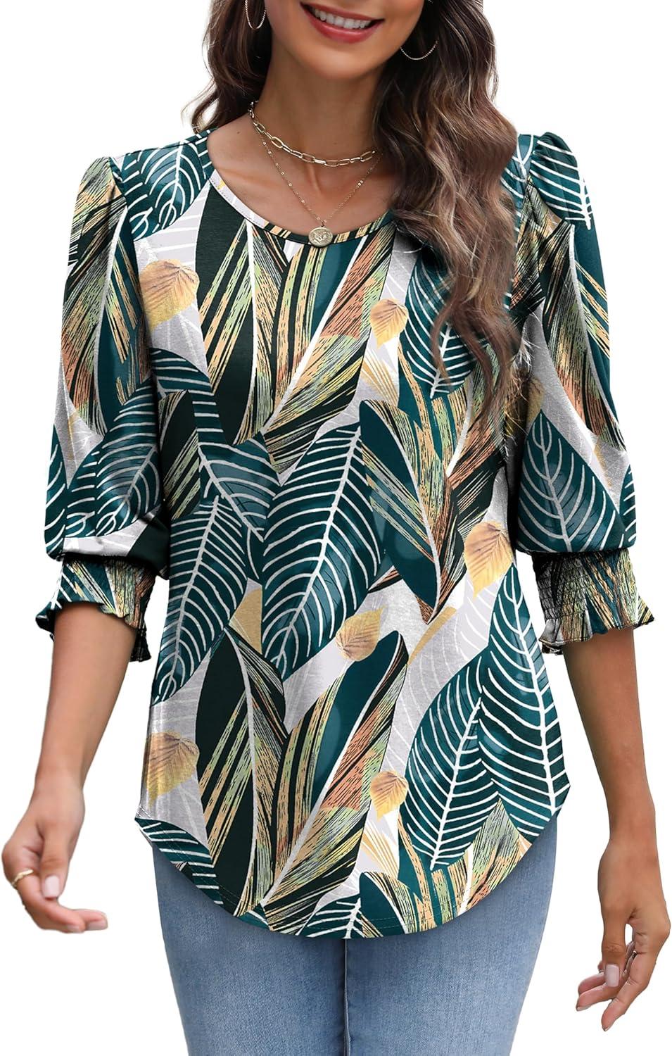 imageXIEERDUO Blouses for Women Dressy Casual 34 Length Sleeve Womens Tops with Smocked CuffsTpalm Leaves