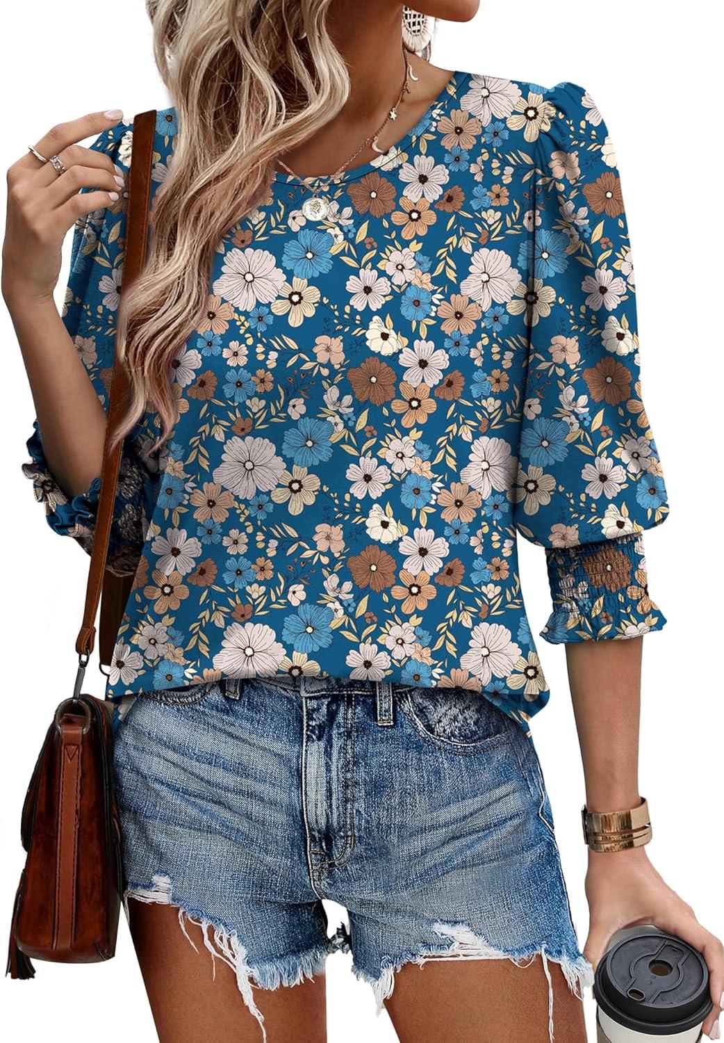 imageXIEERDUO Blouses for Women Dressy Casual 34 Length Sleeve Womens Tops with Smocked CuffsUblue Floral