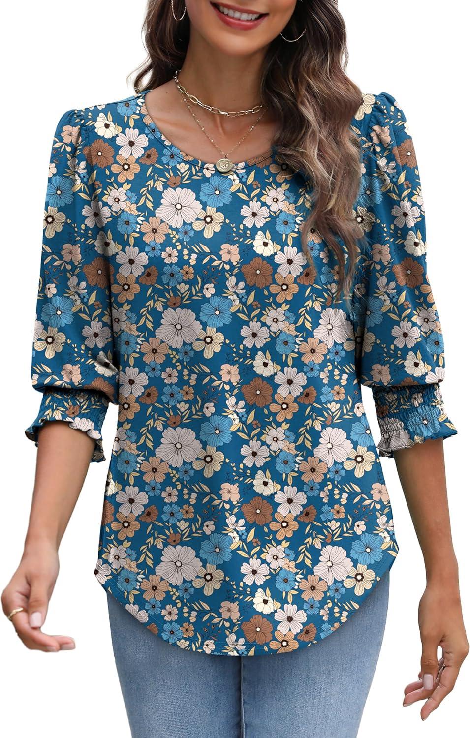 imageXIEERDUO Blouses for Women Dressy Casual 34 Length Sleeve Womens Tops with Smocked CuffsUblue Floral