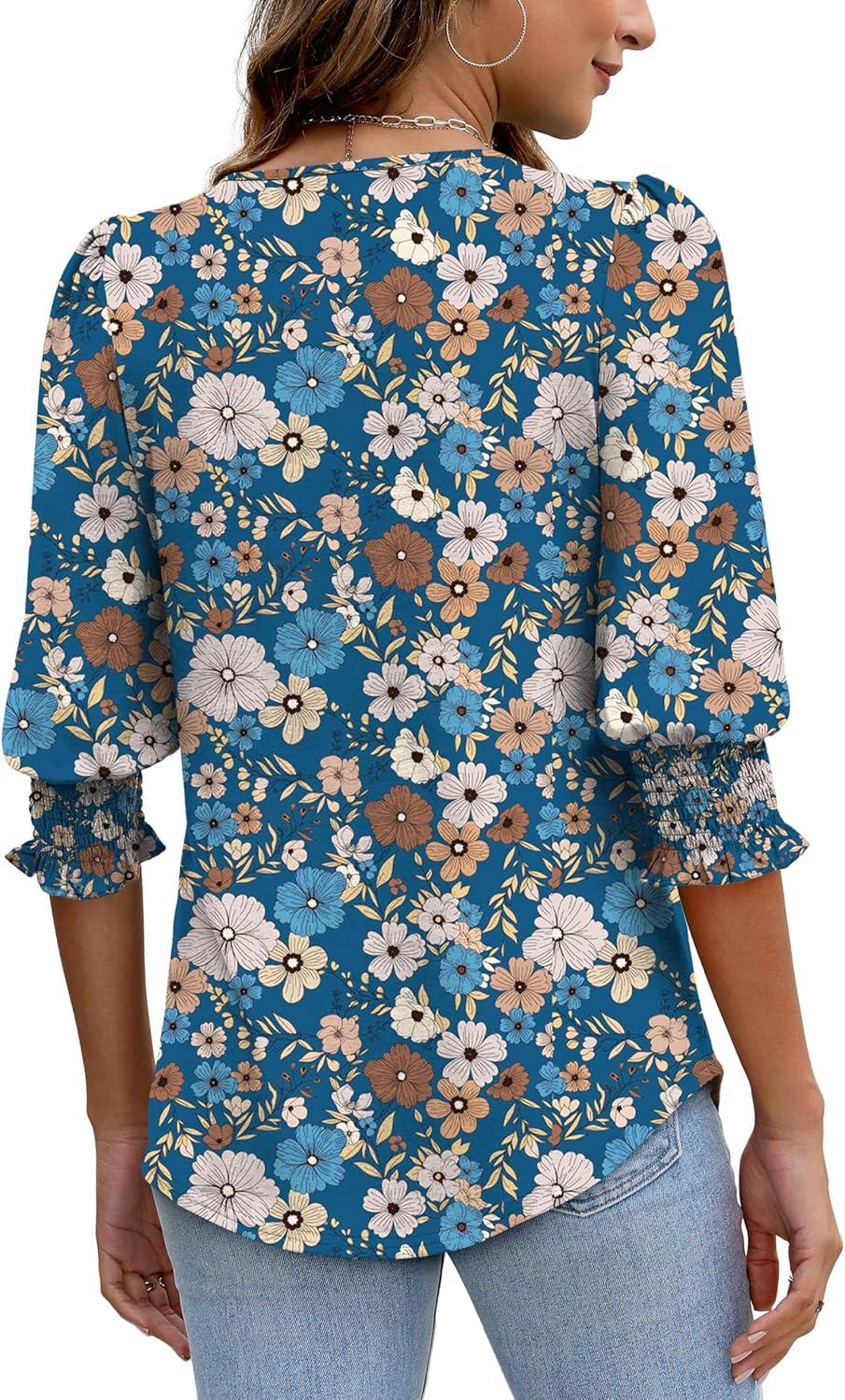 imageXIEERDUO Blouses for Women Dressy Casual 34 Length Sleeve Womens Tops with Smocked CuffsUblue Floral