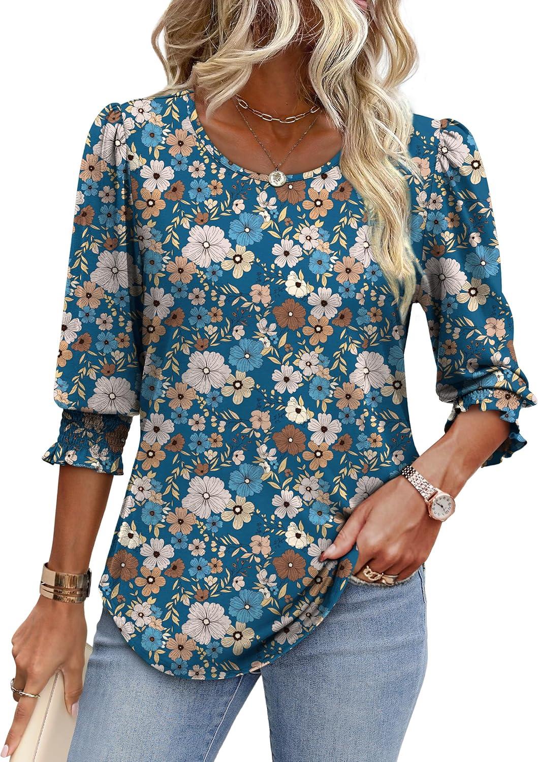 imageXIEERDUO Blouses for Women Dressy Casual 34 Length Sleeve Womens Tops with Smocked CuffsUblue Floral