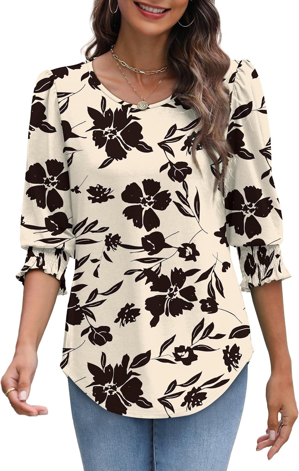 imageXIEERDUO Blouses for Women Dressy Casual 34 Length Sleeve Womens Tops with Smocked CuffsVbeige Black Floral