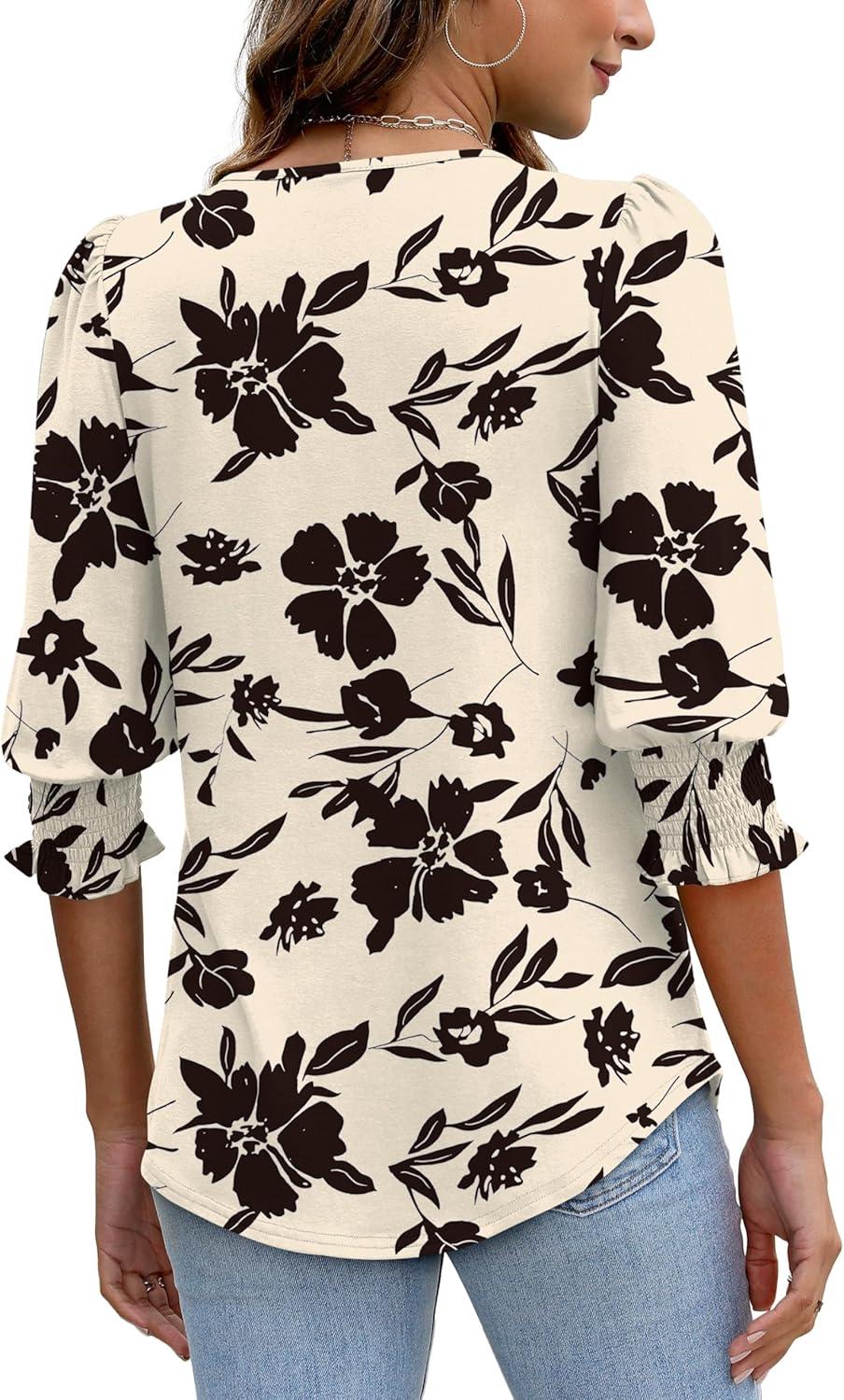 imageXIEERDUO Blouses for Women Dressy Casual 34 Length Sleeve Womens Tops with Smocked CuffsVbeige Black Floral